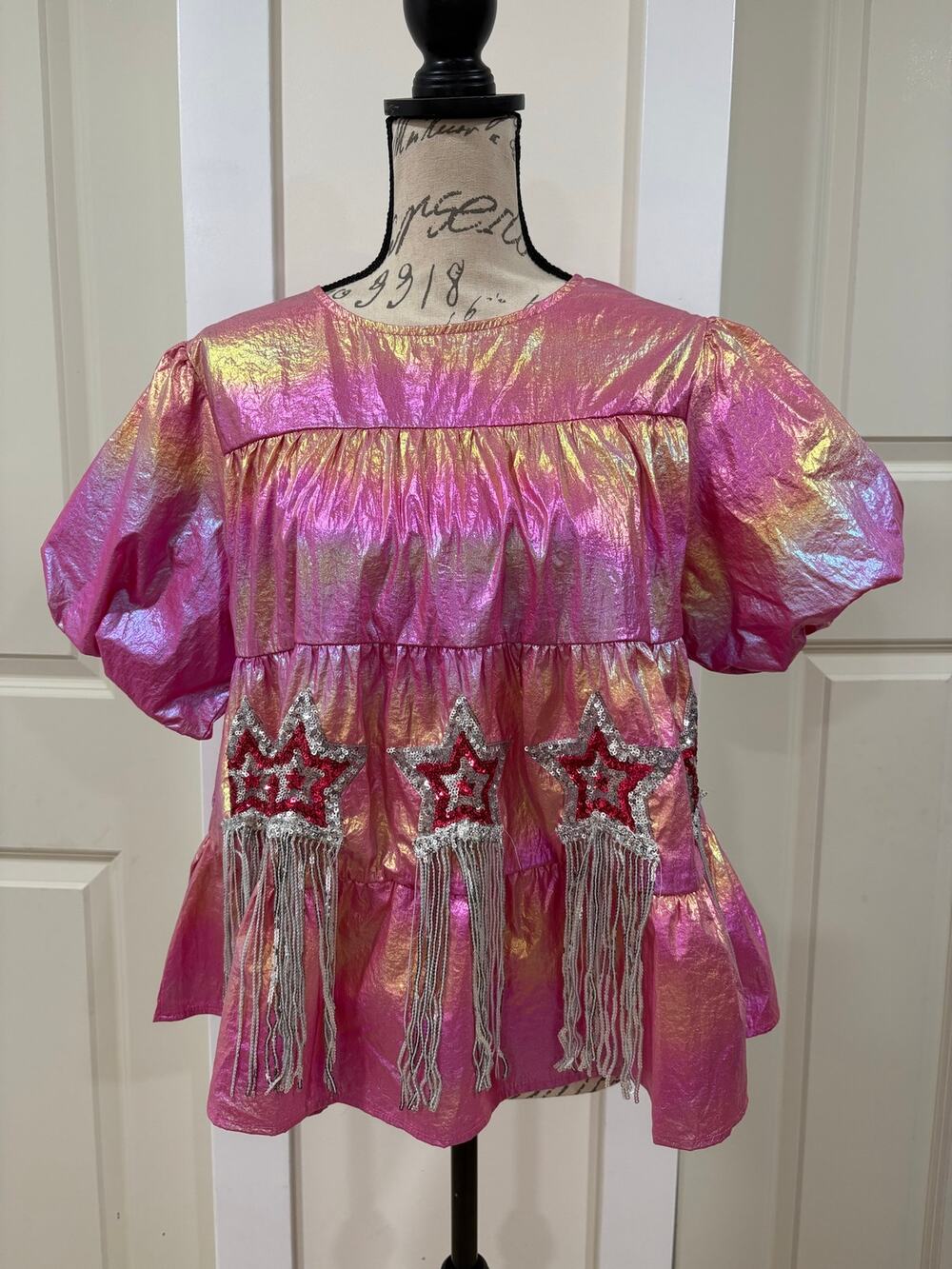 Fantastic Fawn Pink Iridescent Fringed Shirt Size Small